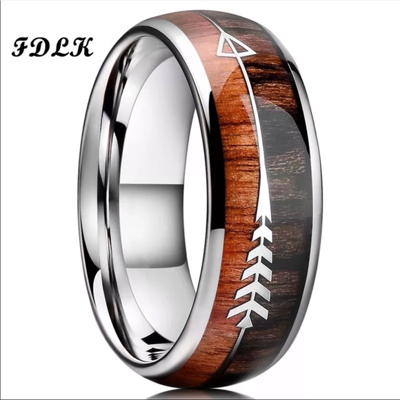 New 8mm Tungsten Koa Wood Arrows Inlay Band Ring - Picture 2 of 4